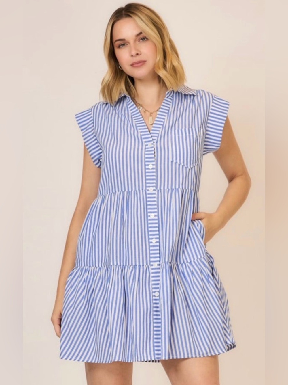 NWT Cozy Co Blue & White Striped Button-Front Tiered Shirt Dress Nautical Beach